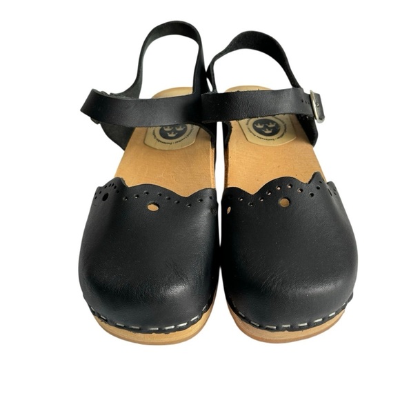 Skola Kajsa Clogs Mary Jane Sandals Black Leather Wood Sole Shoes Womens 36 6 - Picture 2 of 12